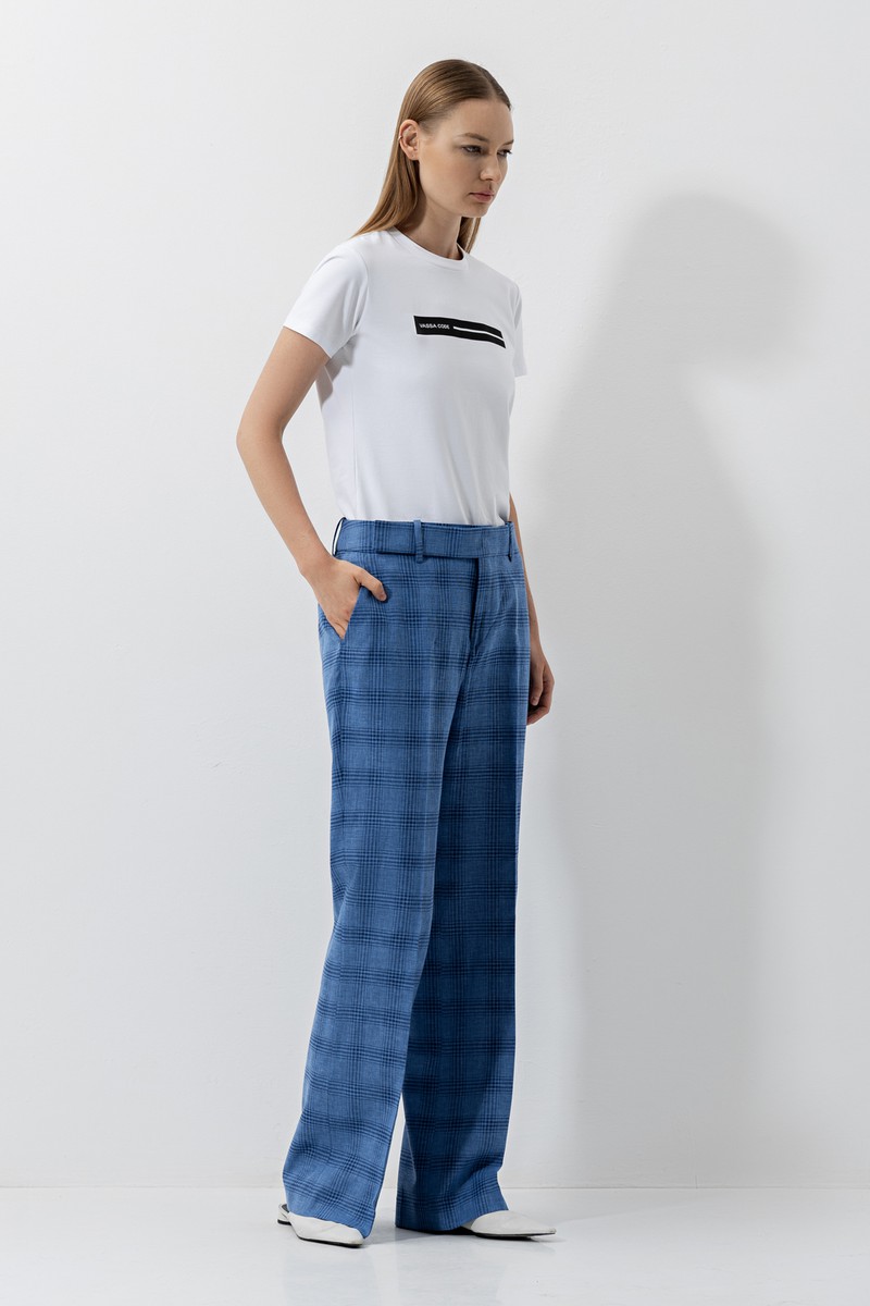 Широкие брюки в клетку , пол женский, цвет синий