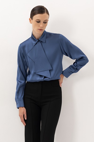 Блузка со съемным жабо , пол женский, цвет синий