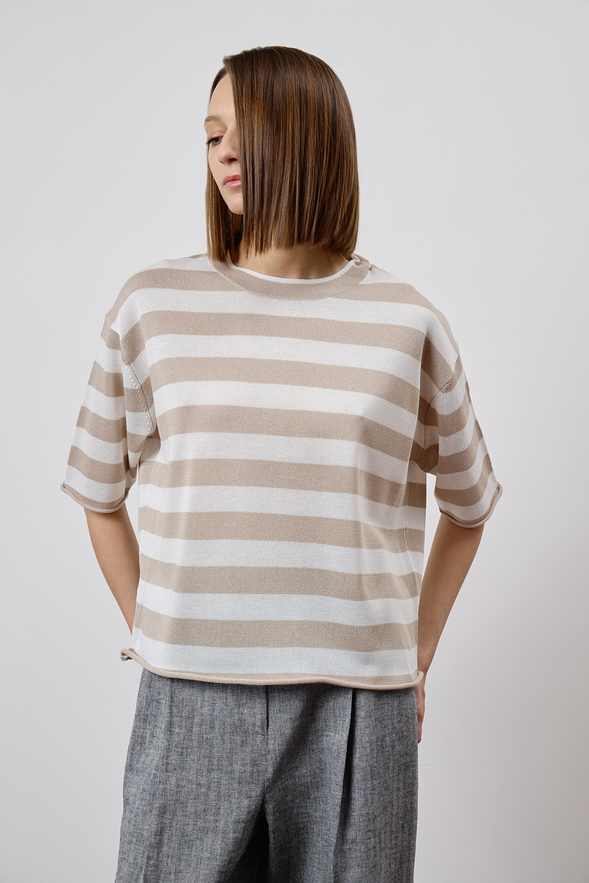 Джемпер в полоску из вискозы и шелка VASSA CODE, пол female, цвет brown