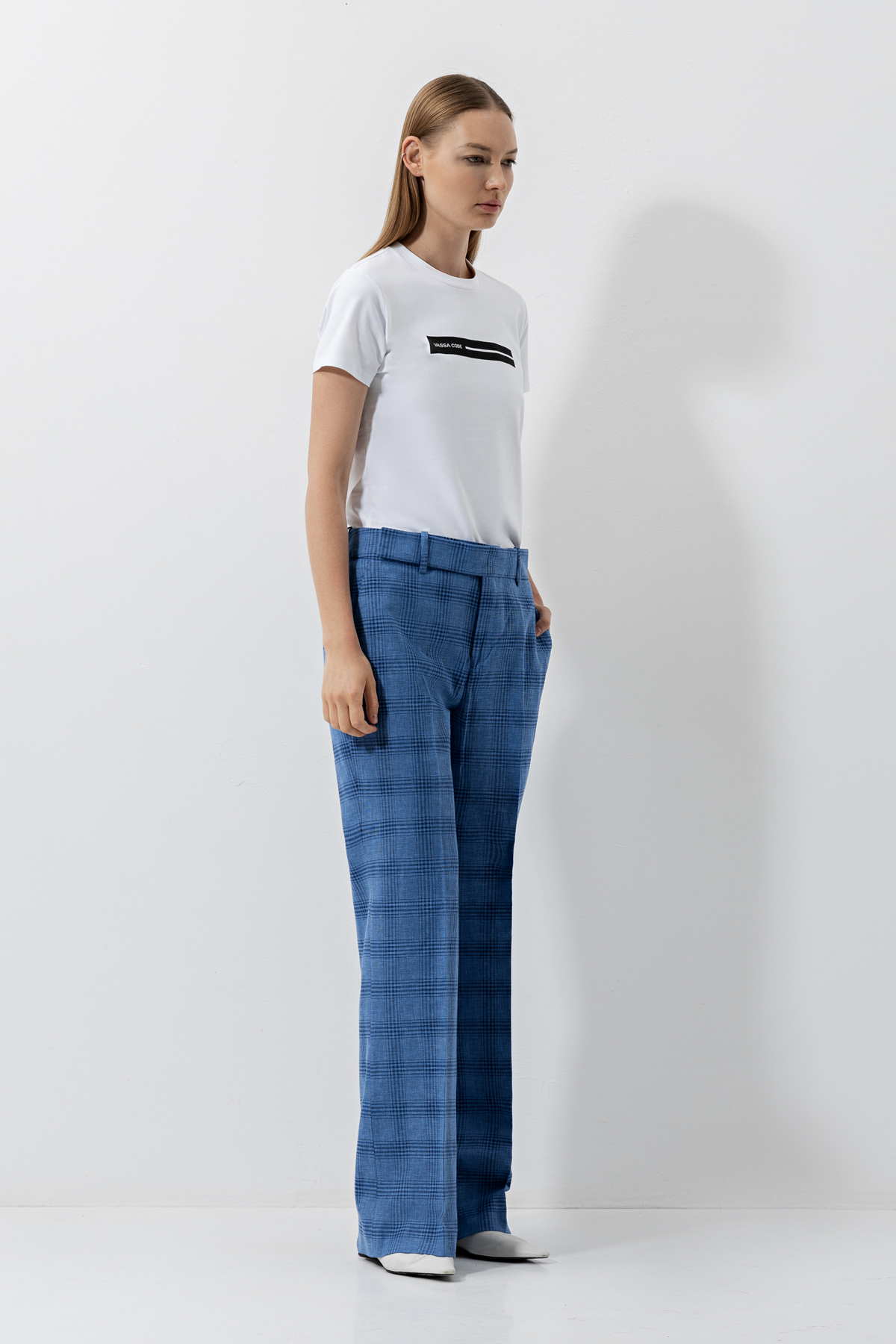 Широкие брюки в клетку , пол женский, цвет синий, фото №3