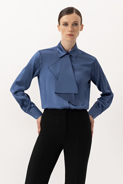Блузка со съемным жабо , пол женский, цвет синий, фото №3