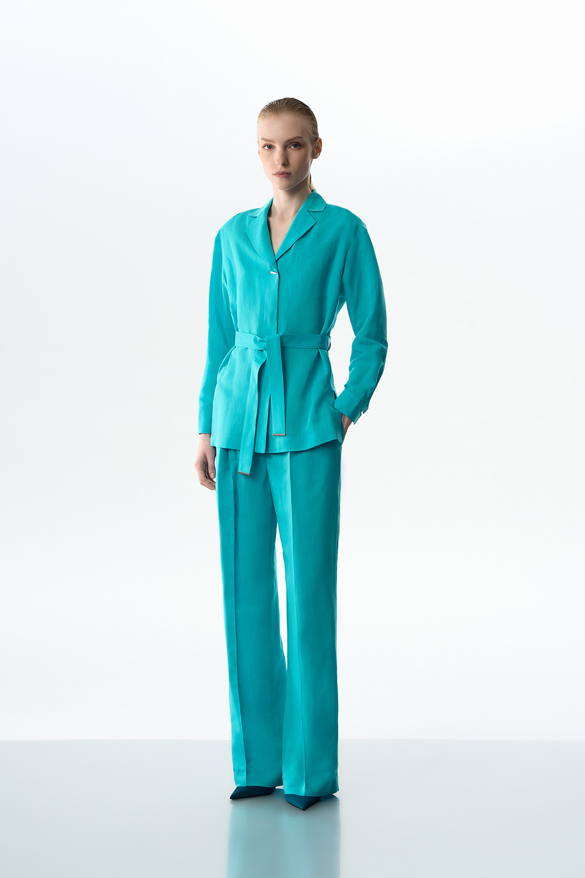 Жакет с поясом VASSA&Co, пол женский, цвет голубой, фото №2