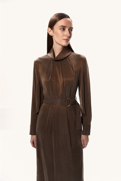 Платье с поясом и воротником-стойкой VASSA&Co, пол female, цвет brown, фото №2